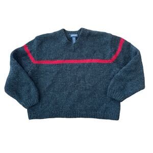 Lands’ End Retro Chunky Knit V neck sweater gray & red size XL